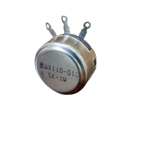 WX110(010) 5k 2W Potentiometer - a round metallic electronic component with three metal solder lugs and markings on its face.