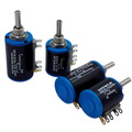 WXD3-13-2W-100k Ohm 2W 4mm Shaft Multi Turn Rotary Wire Wound Potentiometer - four black and blue cylindrical wire wound potentiometers with metal shafts and three-pin connectors arranged on a white background.