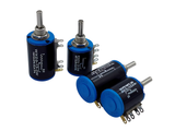 WXD3-13-2W-100k Ohm 2W 4mm Shaft Multi Turn Rotary Wire Wound Potentiometer - four black and blue cylindrical wire wound potentiometers with metal shafts and three-pin connectors arranged on a white background.