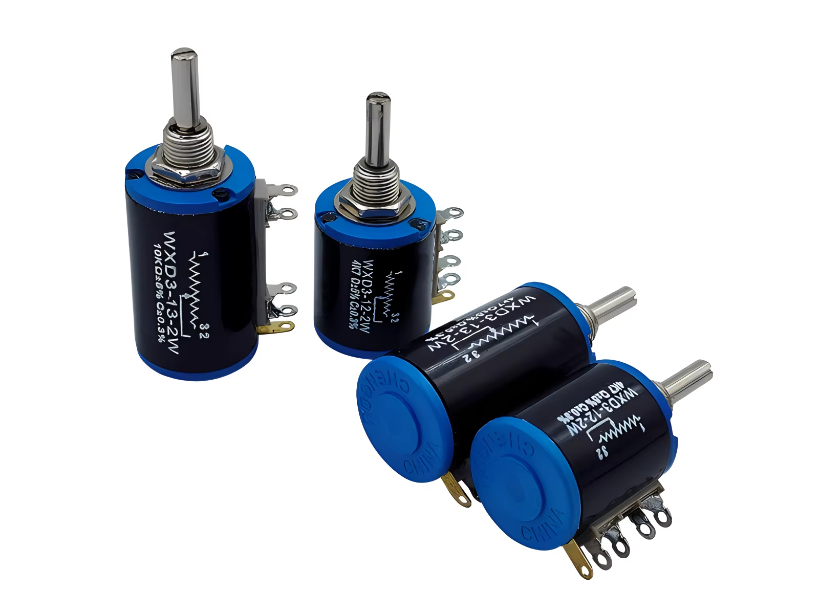 WXD3-13-2W-100k Ohm 2W 4mm Shaft Multi Turn Rotary Wire Wound Potentiometer - four black and blue cylindrical wire wound potentiometers with metal shafts and three-pin connectors arranged on a white background.