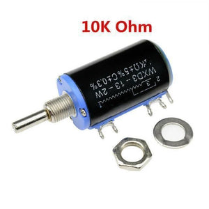 WXD3-13-2W-10k Ohm 2W 4mm Shaft Multi Turn Rotary Wire Wound Potentiometer - a black cylindrical wire-wound component with a metal shaft, three terminals, a mounting nut, and a washer.