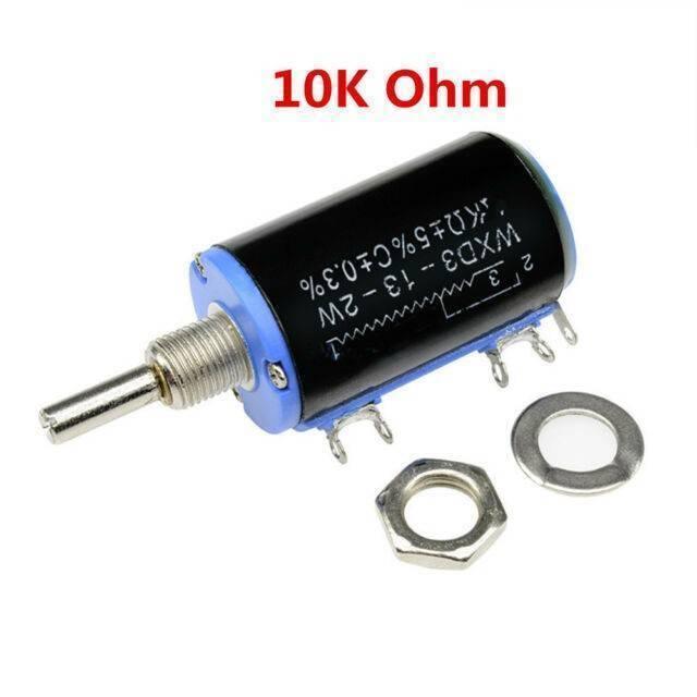 WXD3-13-2W-10k Ohm 2W 4mm Shaft Multi Turn Rotary Wire Wound Potentiometer - a black cylindrical wire-wound component with a metal shaft, three terminals, a mounting nut, and a washer.