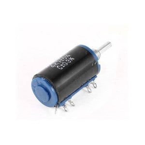 WXD3-13-2W-10k Ohm 2W 4mm Shaft Multi Turn Rotary Wire Wound Potentiometer - a cylindrical black and blue component with a metal shaft and three terminals.