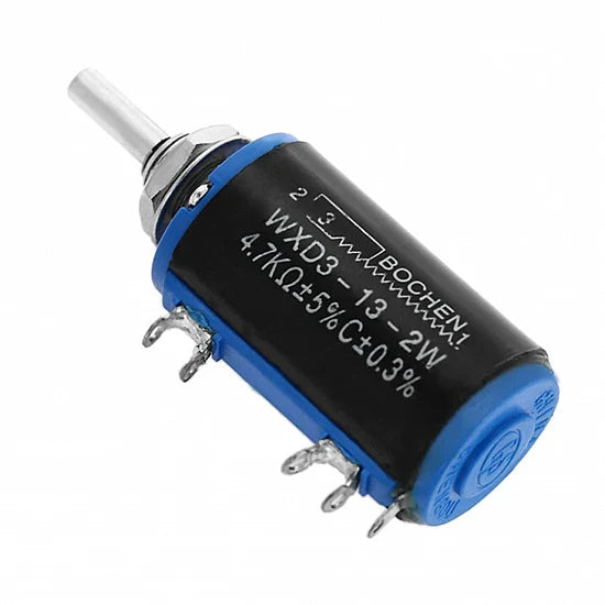 WXD3-13-2W 4.7k ohm Precision Potentiometer - a cylindrical blue and black component with a metal shaft and three metal terminals.