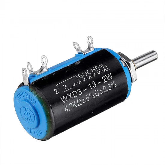 WXD3-13-2W 4.7k ohm Precision Potentiometer - a cylindrical black and blue component with a metal shaft and three metal solder terminals.