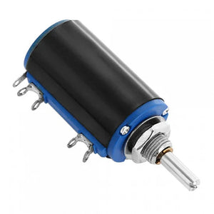 WXD3-13-2W 4.7k ohm Precision Potentiometer - a cylindrical black and blue electronic component with a metal shaft and four solder terminals.