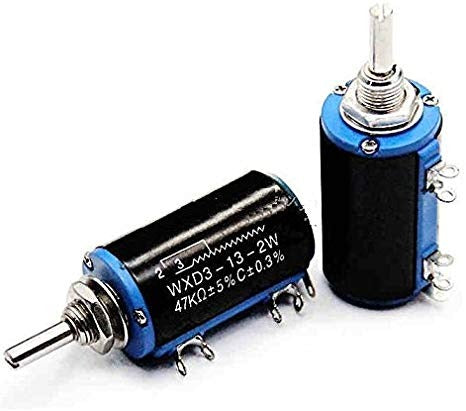 WXD3-13-2W 47k Precision Potentiometer - two cylindrical black and blue components with metal shafts and three connection terminals each.