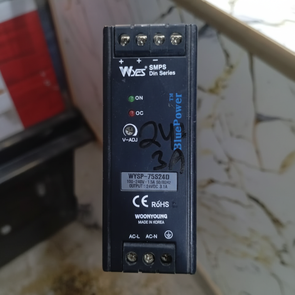 WYSP-75S24D DIN Rail Mount Power Supply 24VDC 4.1A 75W - black rectangular housing with screw terminals, status LEDs, a voltage adjustment knob, and printed specifications.