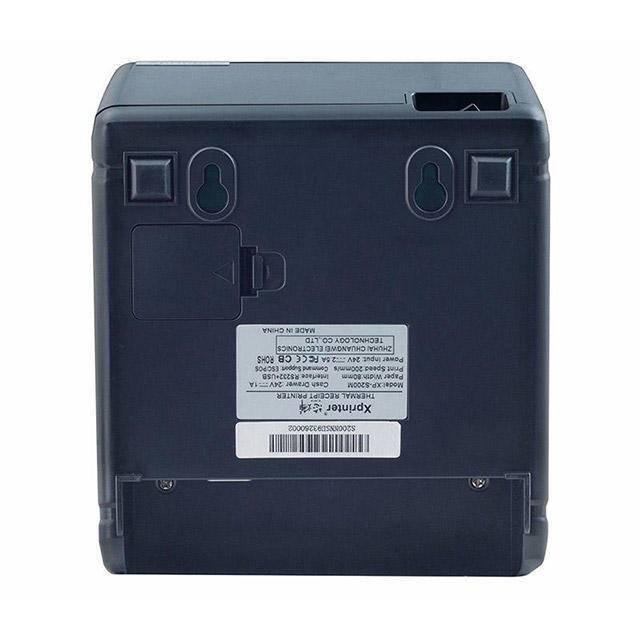 X Printer XP-S200M POS Receipt Printer Cash Register Thermal Printer - shown from the bottom, featuring a product information label, a barcode, and two keyhole-style wall mounts.