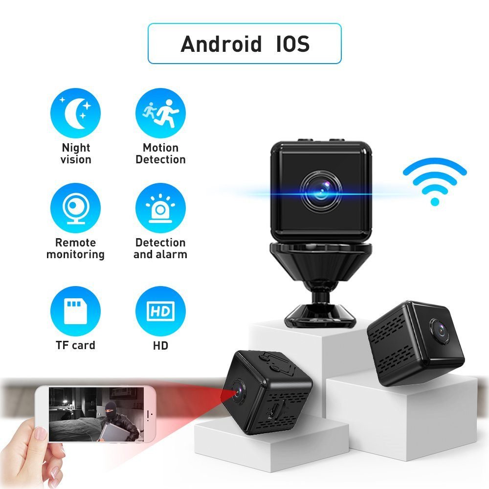 X9 1080P HD 2MP Magnetic WiFi Mini Camera With FtyCamPro App - two black cube cameras, one on a stand, with icons for features and a smartphone displaying a video feed.