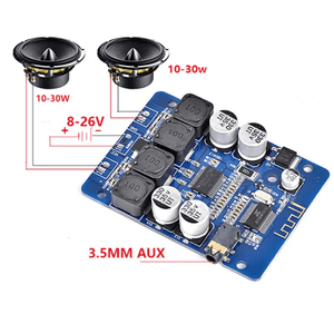 XH-M314 TPA3118 Bluetooth Digital Power Amplifier Board - circuit board with a 3.5mm AUX port, capacitors, and speaker connection diagrams.