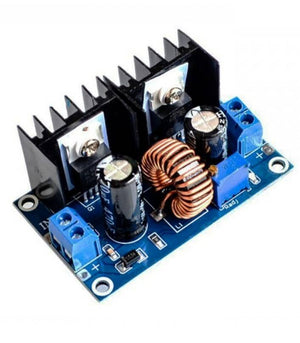 XH-M407 XL4016E1 DC To DC Buck Voltage Regulator 8A Module - XH-M407 DC-DC buck converter on a blue PCB with twin heatsinks, a toroidal inductor, blue input and output screw terminals and an adjustment trimmer.
