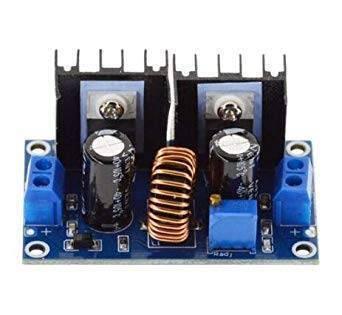 XH-M407 XL4016E1 DC To DC Buck Voltage Regulator 8A Module - a blue circuit board with two black heatsinks, two capacitors, an inductor, and terminals.
