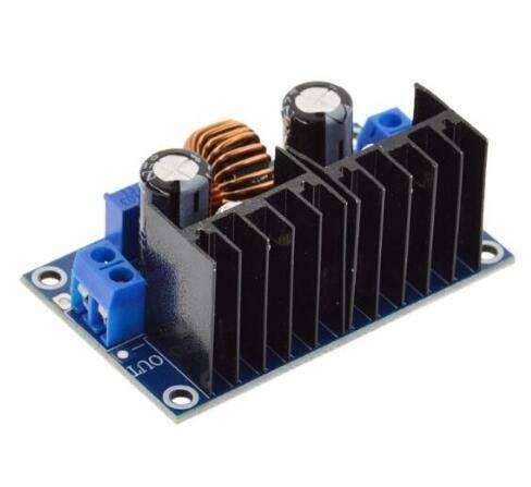 XH-M407 XL4016E1 DC To DC Buck Voltage Regulator 8A Module - a blue circuit board with a large black heatsink, two blue screw terminals, and a coil.
