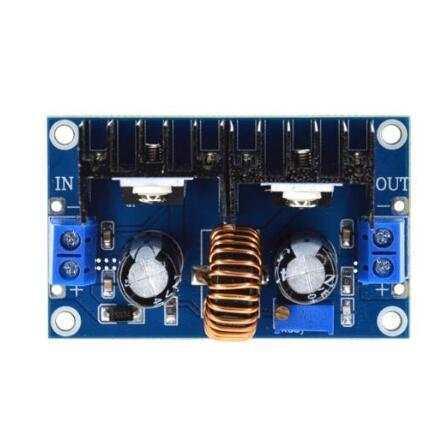 XH-M407 XL4016E1 DC To DC Buck Voltage Regulator 8A Module - a blue rectangular circuit board with two screw terminals, a copper coil, and a potentiometer.