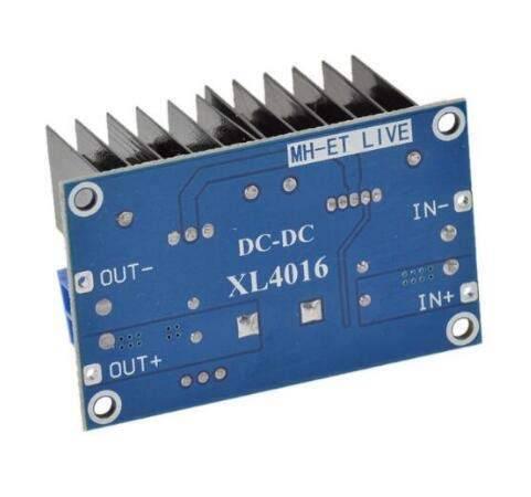 XH-M407 XL4016E1 DC To DC Buck Voltage Regulator 8A Module - the blue circuit board with a black heatsink and labeled IN+, IN-, OUT+, and OUT- ports.