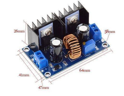 XH-M407 XL4016E1 DC To DC Buck Voltage Regulator 8A Module - shown with blue circuit board, two black heatsinks, two capacitors, a copper coil and dimensions.