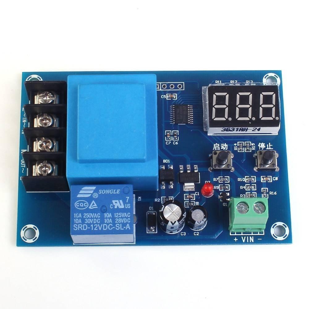 XH-M602 / XH-M633 Programable Battery Charging Control Module - Battery Charge Control Switch Protection Board - Pakistan - a blue circuit board featuring a 3-digit LED display, two push buttons, a relay, and terminal blocks.