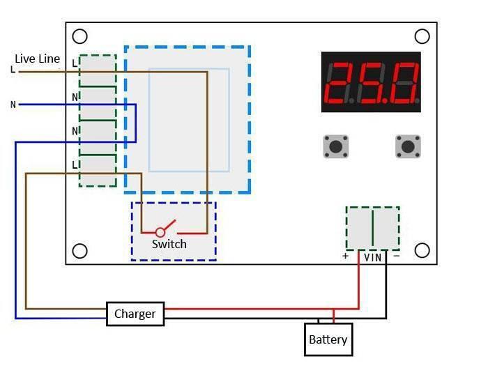 XH-M602 / XH-M633 Programable Battery Charging Control Module - Battery Charge Control Switch Protection Board - Pakistan - a circuit board with a digital display, two buttons, and terminal connections.