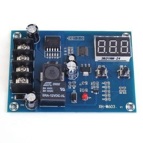 XH-M603-M632 Battery Charging Control Module DC 12V-24V Voltage Charging Discharge Monitor Relay Switch Battery Protection Board - a blue rectangular circuit board featuring a digital display, two push buttons, a relay, and screw terminals.