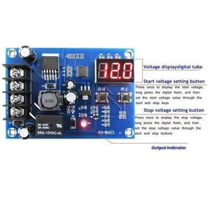 XH-M603-M632 Battery Charging Control Module DC 12V-24V Voltage Charging Discharge Monitor Relay Switch Battery Protection Board - a blue circuit board featuring a red digital display, two buttons, a relay, and a terminal block.