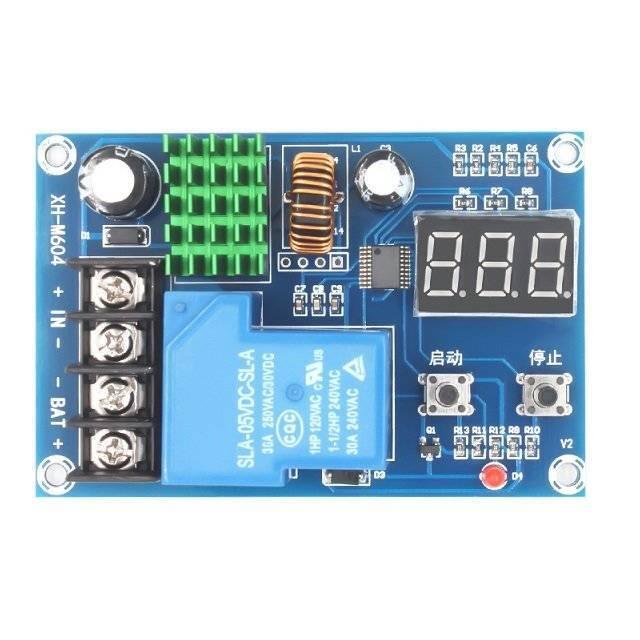 XH-M604 Battery Charger Control Module DC 6-60V Storage Lithium Battery Charging Control Switch Protection Board - a blue rectangular circuit board with a three-digit LED display, a large blue relay, and screw terminals.