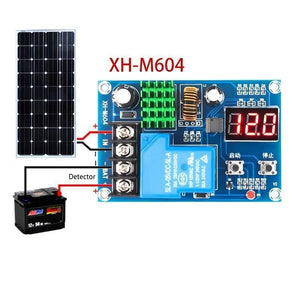 XH-M604 Battery Charger Control Module DC 6-60V Storage Lithium Battery Charging Control Switch Protection Board - a blue circuit board with a digital display, relay, terminals, and connections to a solar panel and battery.