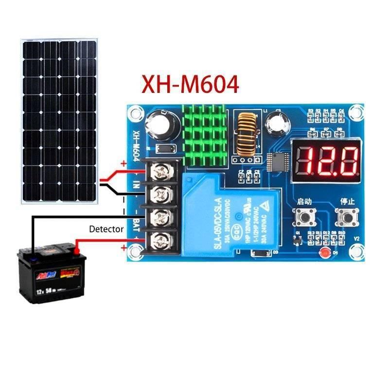 XH-M604 Battery Charger Control Module DC 6-60V Storage Lithium Battery Charging Control Switch Protection Board - a blue circuit board with a digital display, relay, terminals, and connections to a solar panel and battery.