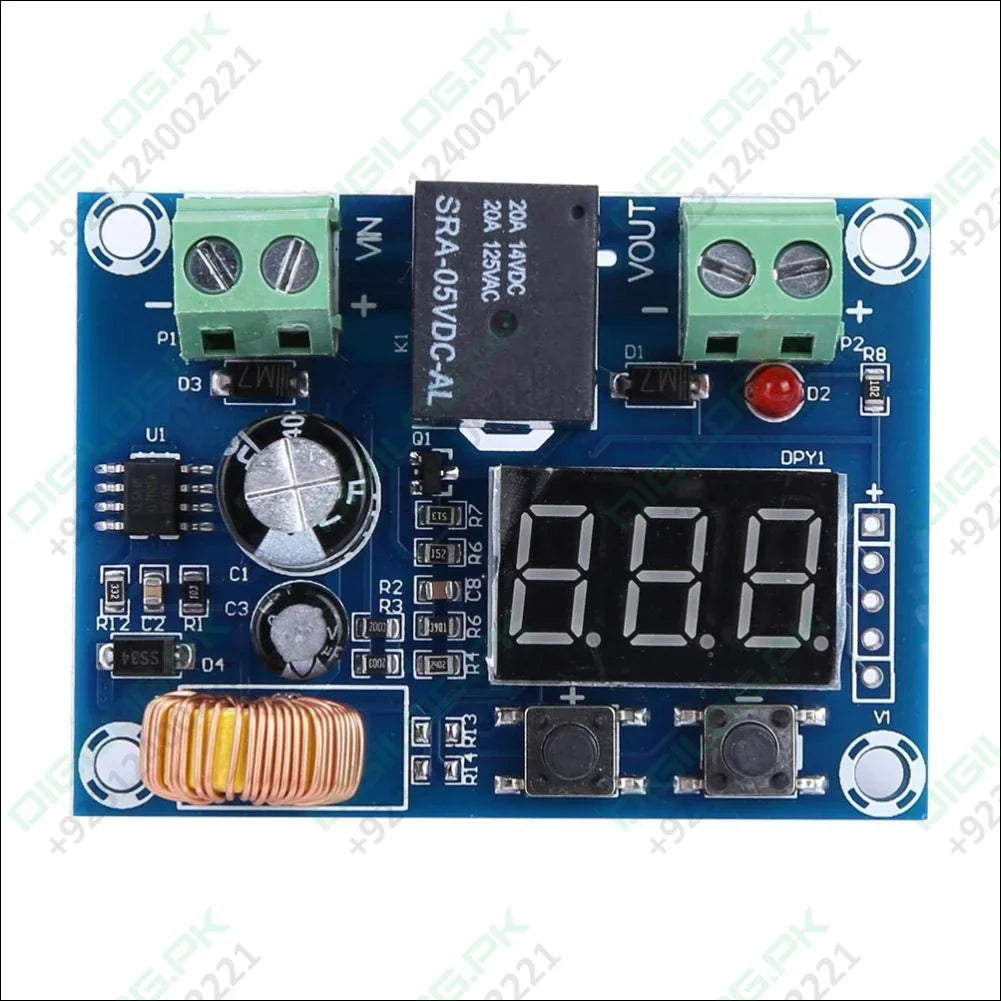 XH-M609 Low Voltage Disconnect Module 12-36V for Arduino in Pakistan - a blue circuit board featuring a digital display, a black relay, two screw terminals, two buttons, and a coil.