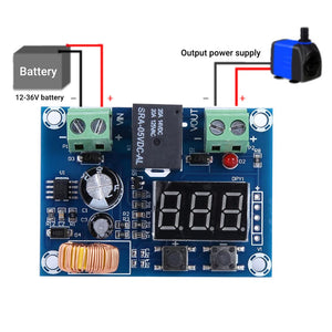 XH-M609 Low Voltage Disconnect Module 12-36V for Arduino in Pakistan - a blue circuit board with a digital display, relay, two screw terminals, two buttons, and wiring diagrams.