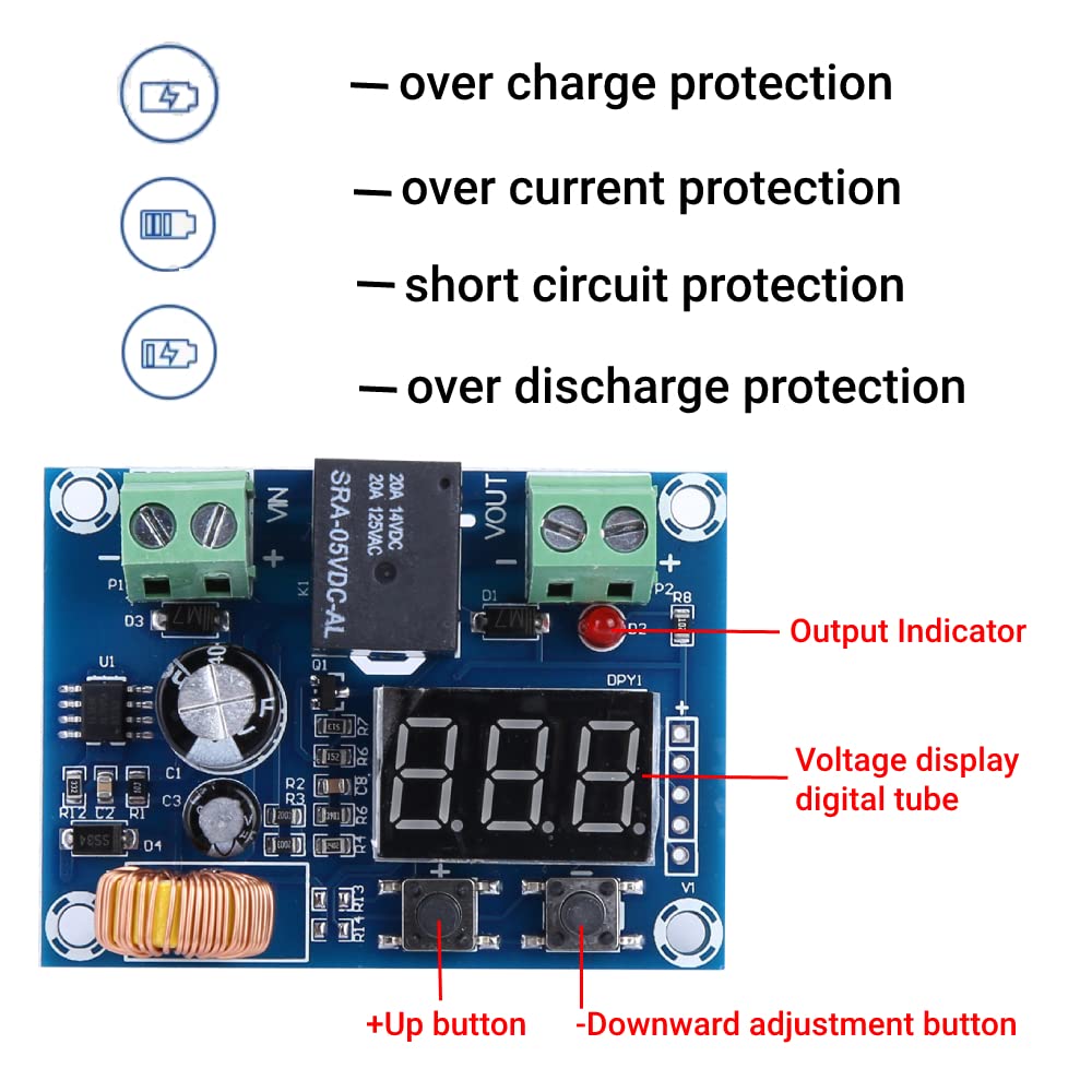 XH-M609 Low Voltage Disconnect Module 12-36V for Arduino in Pakistan - a blue circuit board with a digital display, two screw terminals, a relay, two buttons, and text labels.