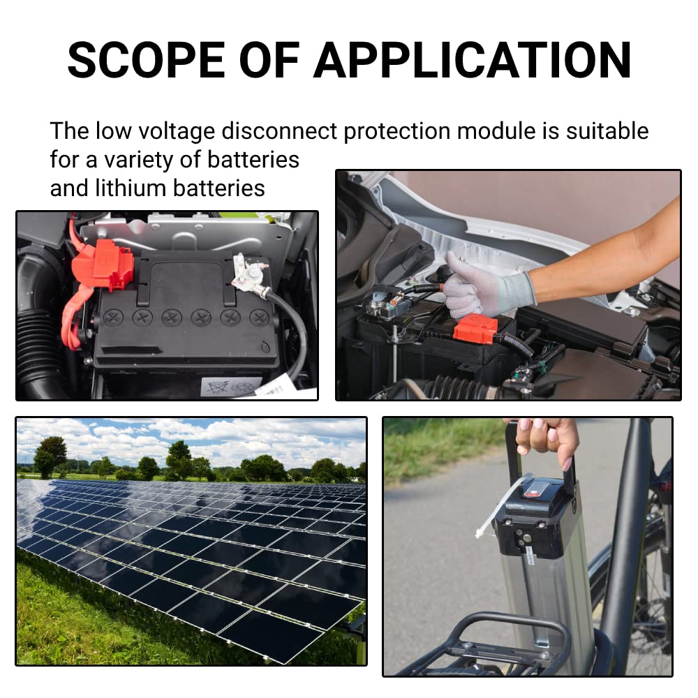 XH-M609 Low Voltage Disconnect Module 12-36V for Arduino in Pakistan - shown in a collage depicting its use with a car battery, solar panels, and an electric bicycle battery pack.