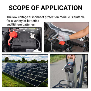 XH-M609 Low Voltage Disconnect Module 12-36V for Arduino in Pakistan - shown in a collage depicting its use with a car battery, solar panels, and an electric bicycle battery pack.