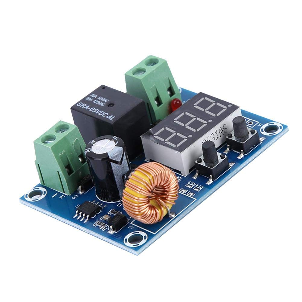 XH-M609 Low Voltage Disconnect Module 12-36V for Arduino in Pakistan - a blue circuit board featuring a black relay, a three-digit LED display, two push buttons, and green terminals.