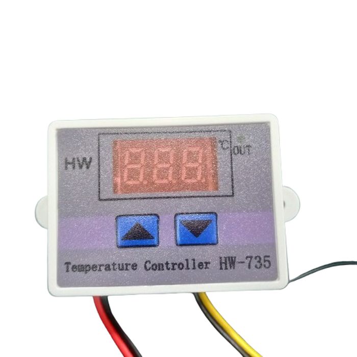XH-W3001 220V 10A W3001 Digital Temperature Controller - a rectangular white device with a digital display, two blue arrow buttons, and red, black, and yellow wires.