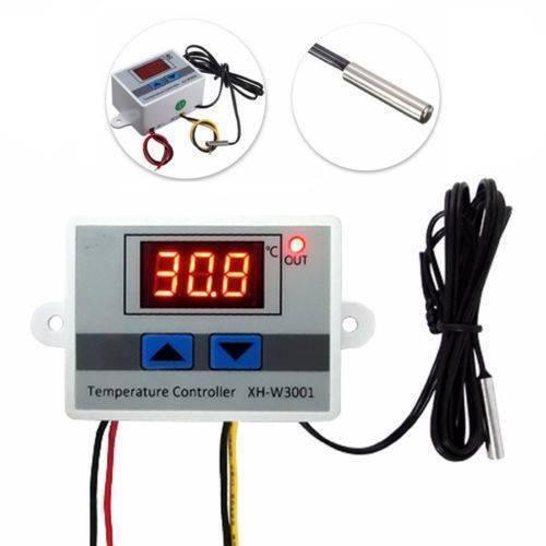 XH-W3001 220V 10A W3001 Digital Temperature Controller - a grey rectangular unit with a red 30.8 digital display, two blue buttons, and a wired metal probe.