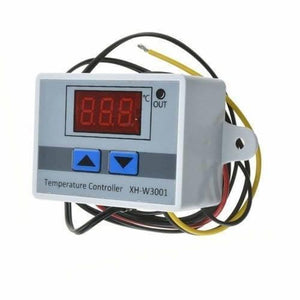 XH-W3001 220V 10A W3001 Digital Temperature Controller - in a white rectangular case with a red digital display, two blue arrow buttons, and attached black and yellow wires.
