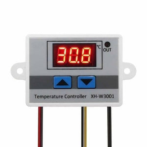 XH-W3001 220V 10A W3001 Digital Temperature Controller - a white rectangular device with a red LED display showing 30.8, two blue arrow buttons, and three black wires.