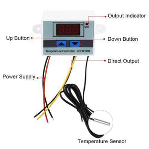 XH-W3001 220V 10A W3001 Digital Temperature Controller - a white rectangular unit with a red LED display, two blue buttons, a temperature sensor probe, and wires.