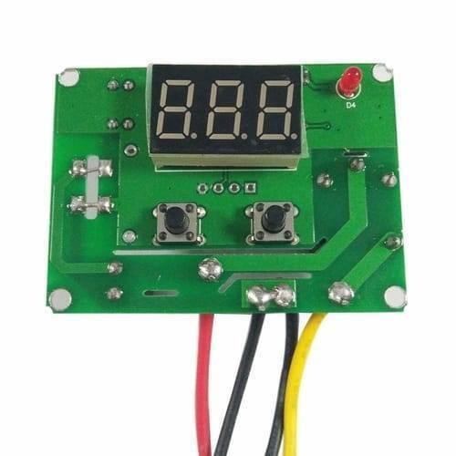 XH-W3001 220V 10A W3001 Digital Temperature Controller - a green circuit board with a three-digit display, two buttons, a red LED, and three wires.