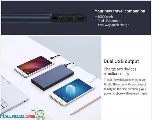 Xiaomi 10000mAh Mi Power Bank - shown with two smartphones connected via USB cables and a close-up of its ports and battery indicator lights.