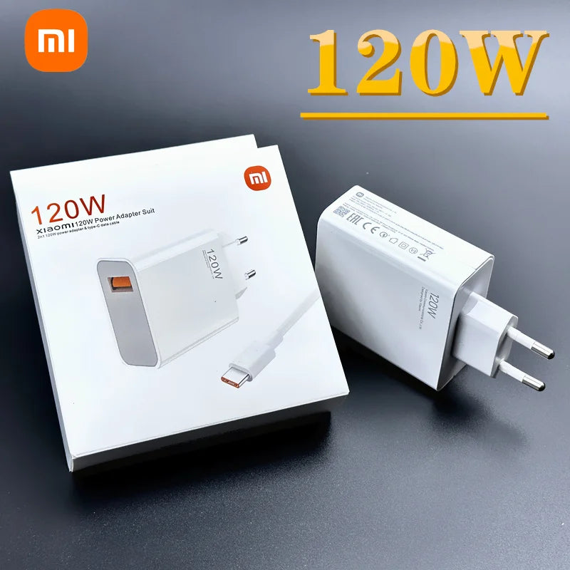 Xiaomi Charger 120W Combo (Type-A) Xiaomi Charger 120W BC1.2 Qualcomm Quick Charge Fast Charge Protocols - a white 120W power adapter with a USB-A port next to its white retail packaging box featuring a 120W label.