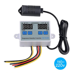 XK W1099 Dual Digital Egg Incubator Temperature Humidity Controller Hygrometer AC 220V - a grey rectangular unit with two digital displays, four blue control buttons, and a wired sensor probe.