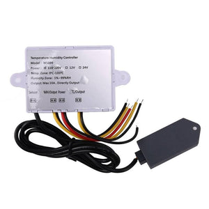 XK W1099 Dual Digital Egg Incubator Temperature Humidity Controller Hygrometer AC 220V - a white rectangular device with a label, three terminal blocks, and a black sensor probe attached by a cable.