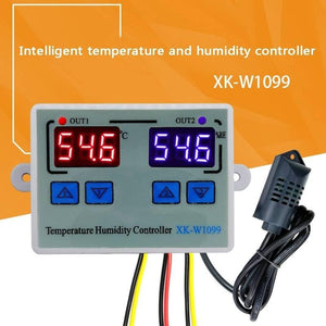XK W1099 Dual Digital Egg Incubator Temperature Humidity Controller Hygrometer AC 220V - a grey rectangular unit with two digital displays reading 54.6, four blue buttons, and a wired sensor.
