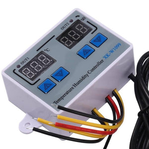 XK W1099 Dual Digital Egg Incubator Temperature Humidity Controller Hygrometer AC 220V - a white rectangular device with two digital displays, four blue control buttons, and several colored wires.