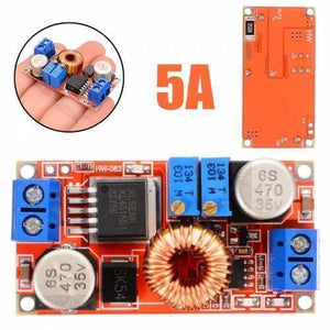 XL4015 Step-down Buck Charging Board DC 0.8-30V To 5-32V - a red circuit board with two blue screw terminals, two blue potentiometers, a copper coil, and capacitors.