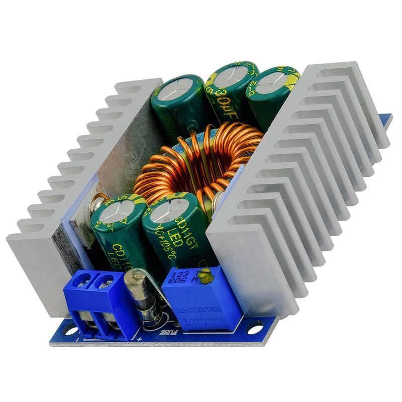 XL4016E1 Step-Down Buck Converter Power Supply Module DC-DC 5-40V to 1.2-36V Adjustable Step Down Board 12A 100W XL4016E1 compatible with Arduino - a blue circuit board, two aluminum heatsinks, a copper inductor coil, electrolytic capacitors, and a blue knob.