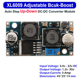 XL6009 Buck Boost Convertor Module - a blue circuit board with two black inductors, a silver potentiometer, and input/output solder pads.