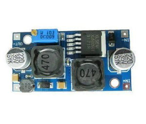 XL6009 Buck Boost Convertor Module - a blue rectangular circuit board with two black inductors, two silver capacitors, and a brass-colored potentiometer.